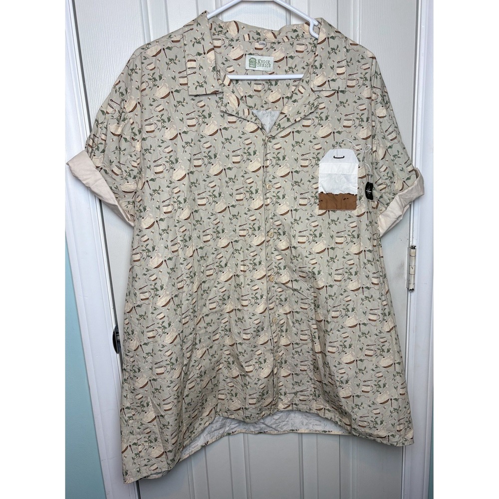 Knock Thrice Unisex Tea Time Tea Kettle Print Green Brown Button Down Sz 4XL